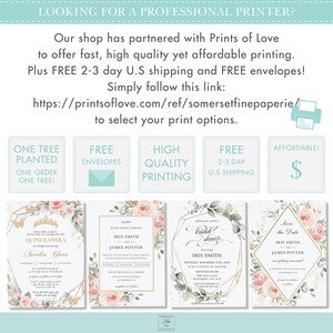 May include: Four different invitation designs with a watercolor floral theme. The designs include a Quincea&ntilde;era invitation, a wedding invitation, a bridal shower invitation, and a save the date invitation. Each design features a gold geometric frame with pink and green floral accents.
