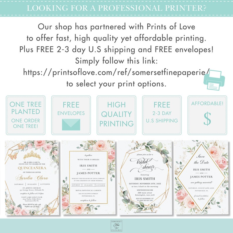 May include: Four different invitation designs with a watercolor floral theme. The designs include a Quincea&ntilde;era invitation, a wedding invitation, a bridal shower invitation, and a save the date invitation. Each design features a gold geometric frame with pink and green floral accents.
