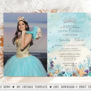 Under the Sea Turquoise Blue Silver Quinceañera Photo Invitation EDITABLE TEMPLATE Quince 15 Sweet 16 Birthday Invite Digital Printable QC53