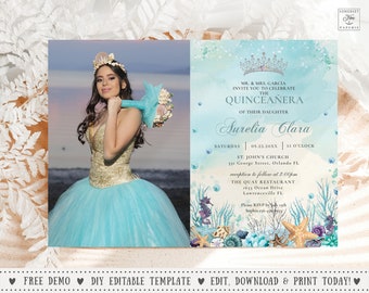 Under the Sea Turquoise Blue Silver Quinceañera Photo Invitation EDITABLE TEMPLATE Quince 15 Sweet 16 Birthday Invite Digital Printable QC53