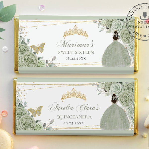 Sage Green Floral Gold Princess Chocolate Bar Wrapper, EDITABLE TEMPLATE, Quinceanera Birthday Aldi Hershey's Candy Labels Printable QC43