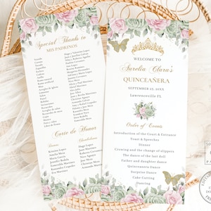 EDITABLE Slim Sage Green Pink Floral Quinceanera Program Quince XV Birthday Printable Order of Events Padrinos Corte de Honor Download QC49