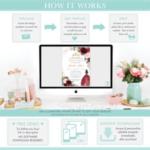 May include: A computer screen displaying a Quincea&ntilde;era invitation template with a gold and red floral design. The text on the invitation reads "Quincea&ntilde;era" and "Aurelia Clara". The image also shows instructions on how to purchase, edit, and print the template.