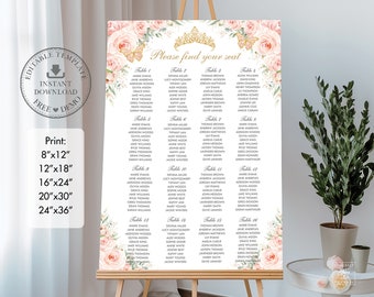 Blush Pink Floral Gold Butterflies Quinceañera Seating Chart 24"x36" Printable EDITABLE TEMPLATE Mis Quince XV Anos 18th 16th Birthday QC7