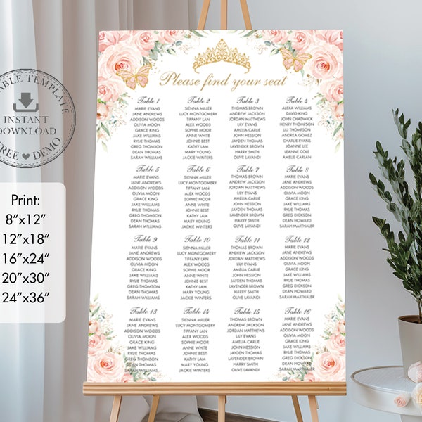 Blush Pink Floral Gold Butterflies Quinceañera Seating Chart 24"x36" Printable EDITABLE TEMPLATE Mis Quince XV Anos 18th 16th Birthday QC7