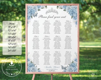 no assigned seating wedding sign Baby Blue Floral Silver Quinceañera Seating Chart Printable, EDITABLE TEMPLATE, Mis Quince 15 Anos 18th 16th Birthday INSTANT Download QC18