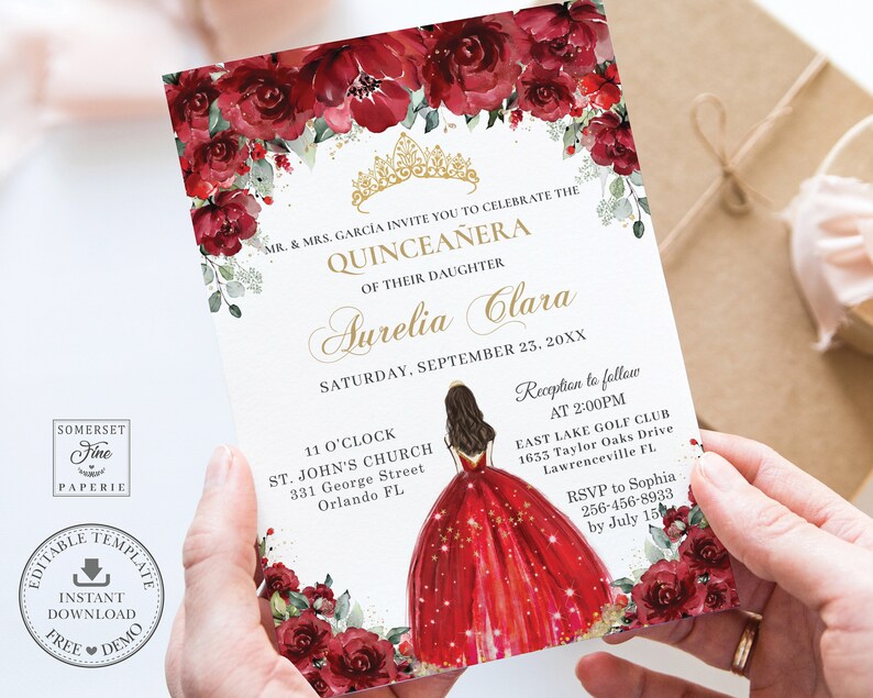 Pode incluir: Um convite para uma Quincea&ntilde;era com um esquema de cores vermelho e dourado. O convite apresenta uma ilustra&ccedil;&atilde;o em aquarela de uma jovem com um vestido de baile vermelho e uma coroa dourada. O texto no convite diz "Mr. & Mrs. Garcia convidam voc&ecirc; a celebrar a Quincea&ntilde;era de sua filha Aurelia Clara, s&aacute;bado, 23 de setembro de 20XX".