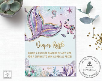 May include: A light blue and purple mermaid tail with glitter accents. The tail is surrounded by seashells, starfish, and a seahorse. The text "Diaper Raffle" is in gold lettering. The text "Bring a pack of diapers of any size for a chance to win a special prize!" is in gold lettering. The text "Name" is in pink lettering. The text "DIY Digital File Instant Download Print Today" is in gray lettering.