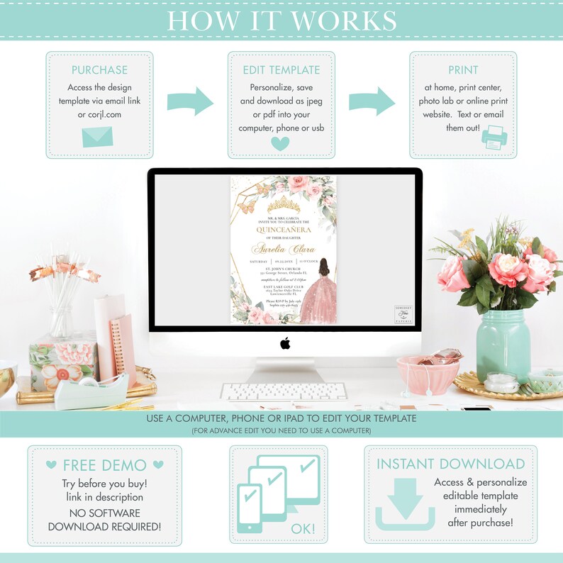 May include: A computer screen displaying a pink and gold Quincea&ntilde;era invitation template with a floral design. The text on the invitation reads "You are invited to celebrate the Quincea&ntilde;era of Aurelia Clara". The image also shows a step-by-step guide on how to purchase, edit, and print the template.