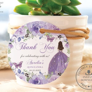 PLANTILLA EDITABLE 2" Círculo Favor Etiqueta Púrpura Lila Floral Quinceañeara 15 cumpleaños Dulce 16 Plata Imprimible Descarga INSTANTÁNEA Pdf QC3