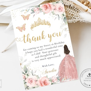 Blush Floral Rose Gold Princess Butterflies Quinceañera Thank You Card EDITABLE TEMPLATE, Mis Quince 15 16th Birthday Instant Printable BP1