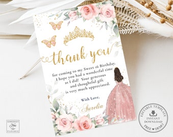 Könnte beinhalten: Eine Dankeskarte mit einem rosa und goldenen Blumendesign. Die Karte zeigt eine Prinzessin in einem rosa Kleid und einer goldenen Krone. Der Text auf der Karte lautet: "Vielen Dank, dass du zu meinem 16. Geburtstag gekommen bist. Ich hoffe, du hattest eine wundervolle Zeit, so wie ich! Dein großzügiges und liebevolles Geschenk wird sehr geschätzt. Mit Liebe, Aurelia."