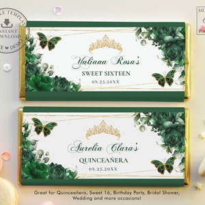 Emerald Green Floral Butterflies Chocolate Bar Wrapper, EDITABLE TEMPLATE, Quinceanera Birthday Aldi Hershey&#39;s Candy Labels Printable, QC52