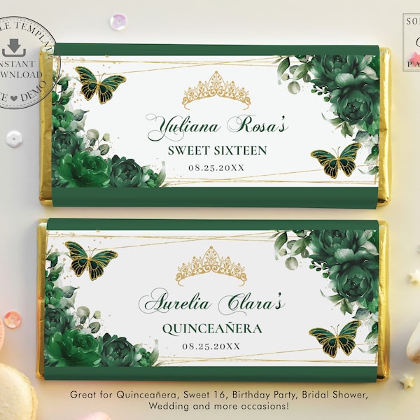 Emerald Green Floral Butterflies Chocolate Bar Wrapper, EDITABLE TEMPLATE, Quinceanera Birthday Aldi Hershey's Candy Labels Printable, QC52