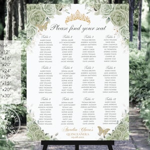 Sage Green Floral Gold Quinceañera Seating Chart Printable, EDITABLE TEMPLATE, Mis Quince 15 Anos 18th 16th Birthday INSTANT Download QC43
