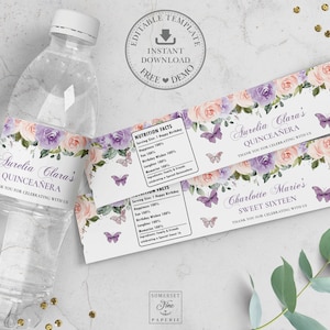 Purple Lilac Blush Floral Quinceanera Water Bottle Label EDITABLE TEMPLATE Sweet 16 Birthday Wrapper Sticker Printable INSTANT Download QC41