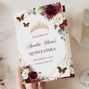 Burgundy Cream Ivory White Floral Butterflies Quinceañera Program Printable EDITABLE TEMPLATE Padrinos Damas Order of Events Birthday QC59