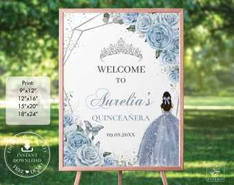 Baby Blue Floral Silver Quinceañera Welcome Sign Printable, EDITABLE TEMPLATE, Princess Mis Quince 15 Anos Birthday, INSTANT Download, QC18