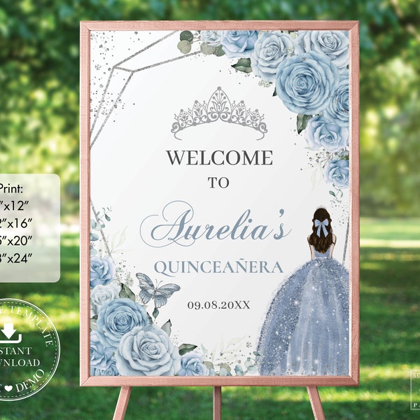 Baby Blue Floral Silver Quinceañera Welcome Sign Printable, EDITABLE TEMPLATE, Princess Mis Quince 15 Anos Birthday, INSTANT Download, QC18