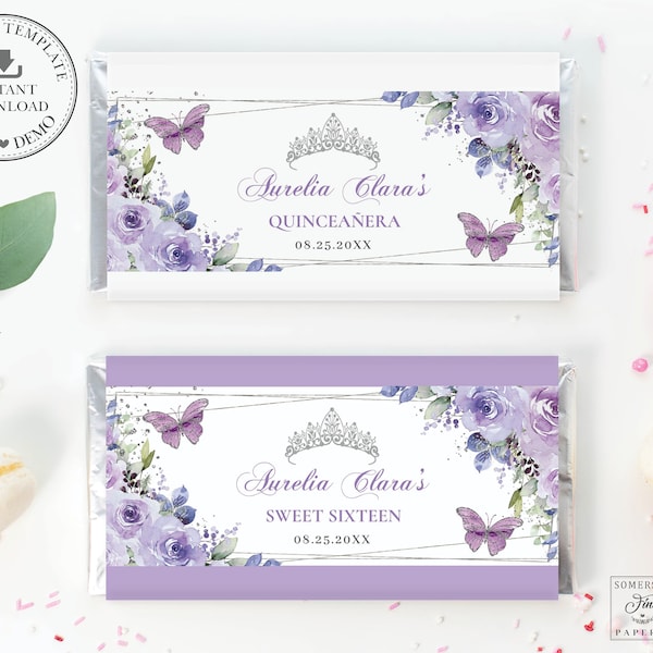 Purple Lilac Floral Silver Butterflies Chocolate Bar Wrapper EDITABLE TEMPLATE Quinceañera 16th Birthday Aldi Hershey's Labels Printable QC3