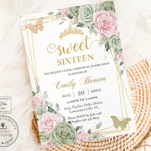 EDITABLE TEMPLATE Sage Green Pink Floral Gold Butterflies Sweet Sixteen Invitation Quinceañera Mis 15 16th Birthday Printable Download QC49