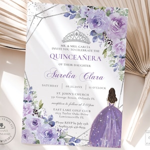 Púrpura Lila Floral Plata Quinceañera Invitación DESCARGA INSTANTE, Mis Quince 15 Anos Cumpleaños Invitar DIY Plantilla Editable Imprimible, QC3