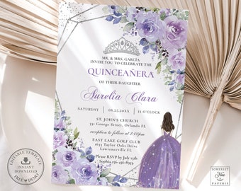 Purple Lilac Floral Silver Quinceañera Invitation INSTANT DOWNLOAD, Mis Quince 15 Anos Birthday Invite DIY Editable Template Printable, QC3
