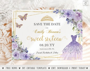 Purple Lilac Floral Gold Quinceañera Save the Date Card INSTANT DOWNLOAD Princess Crown Quince Sweet 16 Birthday EDITABLE Template QC3