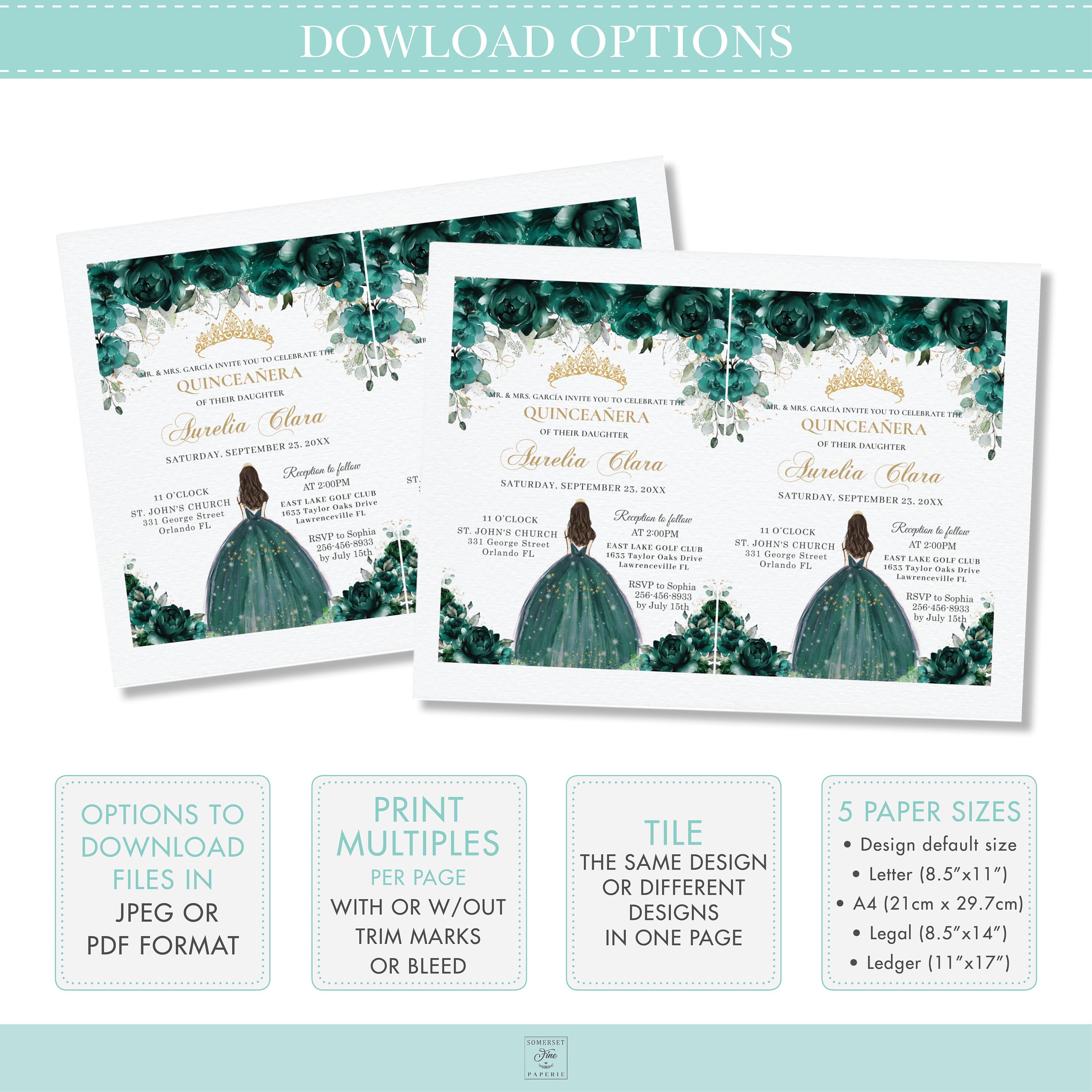 Emerald Green Floral Butterflies Quinceañera RSVP Card
