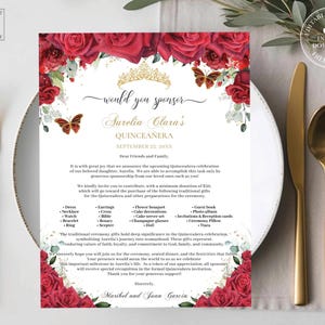 EDITABLE Red Roses Floral Gold Quinceañera Sponsor Letter Quince XV 15th Birthday Printable Padrinos Godparent Request Letter Download QC19
