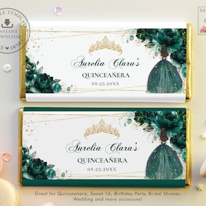 May include: Two printable chocolate bar wrappers with a green and gold design. The wrappers feature a crown, flowers, and a girl in a green dress. The text on the wrappers reads "Aurelia Clara's Quinceañera 08.25.20XX".