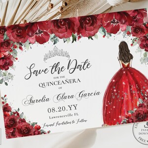 Pode incluir: Cart&atilde;o de "Save the Date" para uma Quincea&ntilde;era com uma borda floral vermelha e uma coroa prateada. O cart&atilde;o apresenta uma ilustra&ccedil;&atilde;o em aquarela de uma jovem com um vestido vermelho com estrelas prateadas. O texto diz "Save the Date for the Quincea&ntilde;era of Aurelia Clara Garcia 08.20.YY Lawrenceville FL Formal Invitation to Follow."