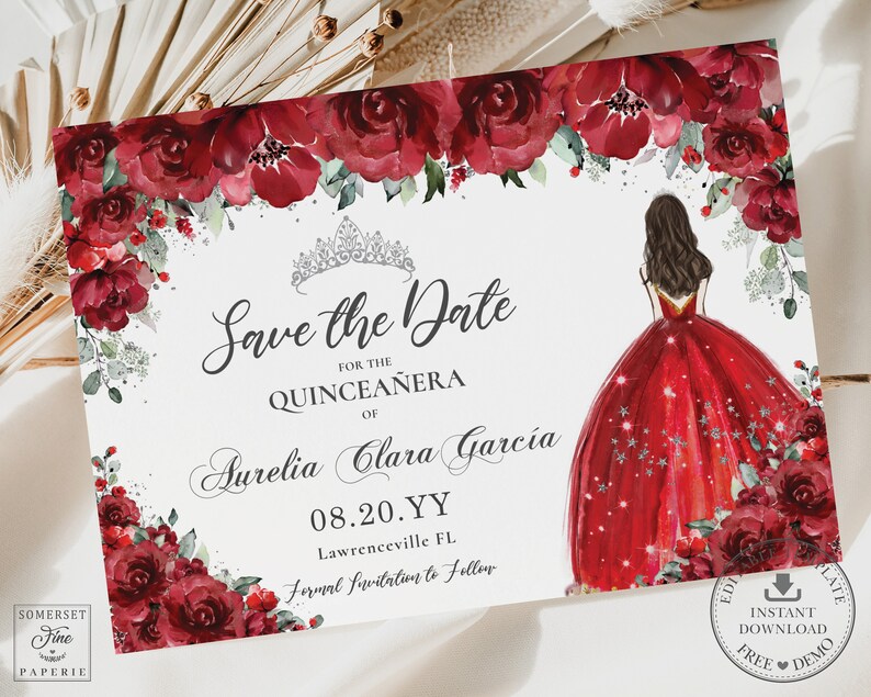 Pode incluir: Cart&atilde;o de "Save the Date" para uma Quincea&ntilde;era com uma borda floral vermelha e uma coroa prateada. O cart&atilde;o apresenta uma ilustra&ccedil;&atilde;o em aquarela de uma jovem com um vestido vermelho com estrelas prateadas. O texto diz "Save the Date for the Quincea&ntilde;era of Aurelia Clara Garcia 08.20.YY Lawrenceville FL Formal Invitation to Follow."