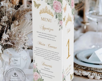 Sage Green Pink Floral Gold Quinceañera Tri-Fold Trifold Triangle Menu Table Number Printable EDITABLE TEMPLATE Quince XV 16th Birthday QC49