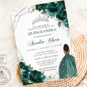 EDITABLE Emerald Green Floral Silver Brown Princess Quinceañera Invitation Mis Quince 15 XV Anos Sweet Sixteen 16th Birthday Printable QC9