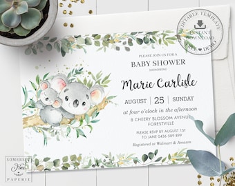 Koala Invitation, EDITABLE TEMPLATE, Eucalyptus Greenery Cute Mom and Baby Koalas Baby Shower Invite, Diy INSTANT Download Pdf Printable AU1