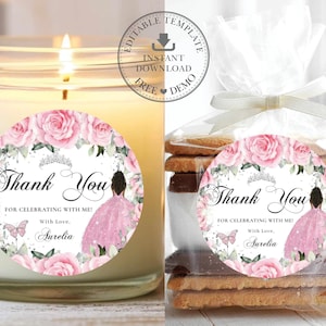 May include: Two round pink and white favor stickers with a watercolor floral design and a crown. The stickers say "Thank You for celebrating with me!" with the name "Aurelia" on the bottom. One sticker is on a candle and the other is on a bag of s'mores.