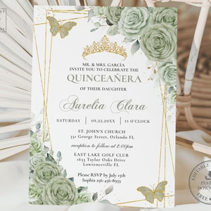 Sage Green Floral Gold Butterflies Quinceañera Invitation EDITABLE TEMPLATE, Mis Quince 15 Anos Birthday Instant Download Printable QC43