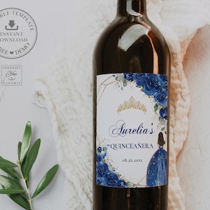 EDITABLE TEMPLATE Wine Bottle Labels, Royal Blue Floral Princess Gold Quinceaneara 15th Birthday Sweet 16 Printable INSTANT Download QC16