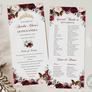 EDITABLE Slim Burgundy Blush Floral Quinceanera Program Quince XV Birthday Printable Order of Events Padrinos Corte de Honor Download QC1