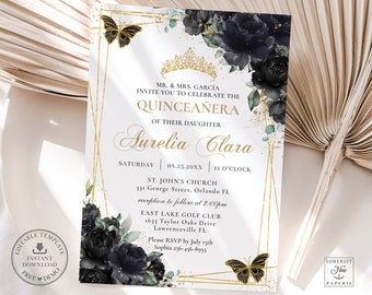 Black Gold Floral Flowers Butterflies Quinceañera Invitation EDITABLE TEMPLATE Mis Quince 15 XV 16 Birthday Instant Download Printable QC25