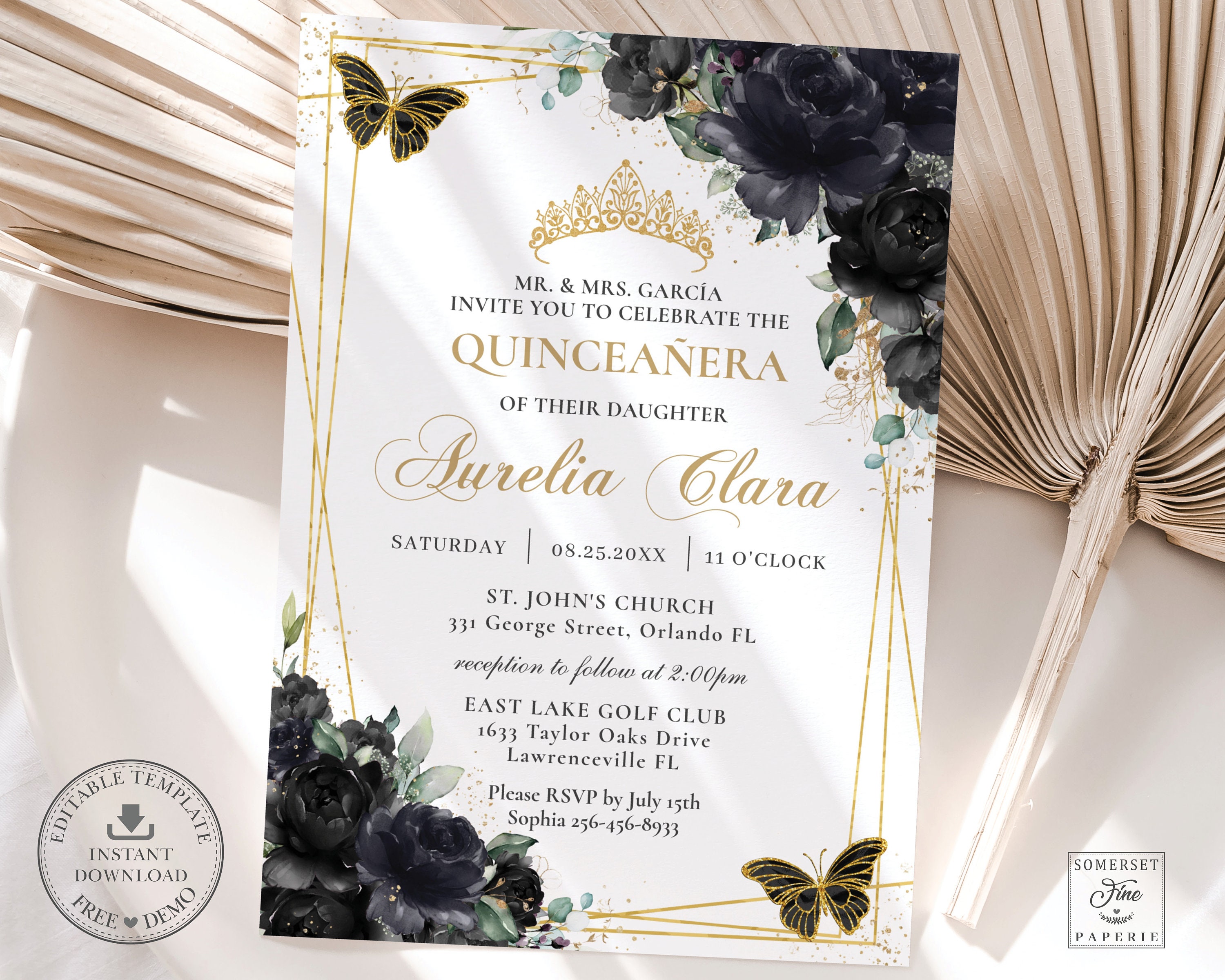 Black Gold Floral Flowers Butterflies Quinceañera Invitation EDITABLE TEMPLATE Mis Quince 15 XV 16 Birthday Instant Download Printable QC25