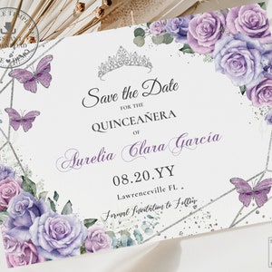 Púrpura Lila Lavanda Floral Plata Mariposas Quinceañera Guardar la Tarjeta de Fecha PLANTILLA EDITABLE Rosas Quince 15 16 cumpleaños INSTANT QC37