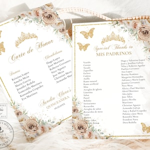 Champagne Beige Floral Gold Quinceañera Padrinos List Corte De Honor ...