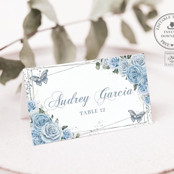 Baby Blue Floral Place Cards Printable EDITABLE TEMPLATE, Guest Name Quinceañera Sweet 16 Birthday Princess Crown, INSTANT Download, QC18