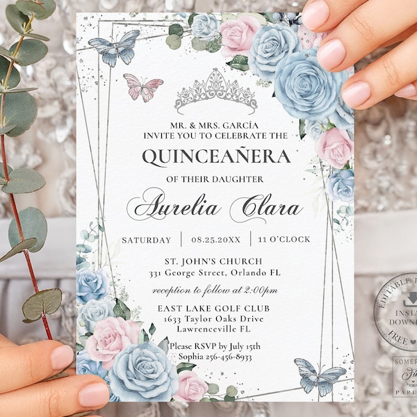 Baby Blue Pale Pink Floral Silver Butterflies Quinceañera Invitation Printable EDITABLE TEMPLATE, Mis Quince 15 Birthday Download File, QC55