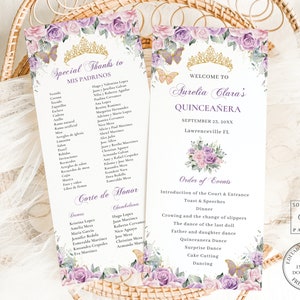 May include: A Quinceañera program with a purple and gold floral design. The program includes the order of events for the celebration, including the introduction of the court, dinner, and dancing. The text "Welcome to Aurelia Clara's Quinceañera" is at the top of the program.
