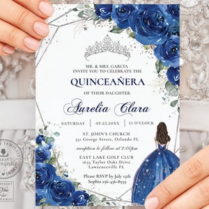 Royal Blue Floral Silver Quinceañera Invitation Printable INSTANT DOWNLOAD Flowers Mis Quince 15 Anos Birthday Invite Editable Template QC16