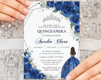 Royal Blue Floral Silver Quinceañera Invitation Printable INSTANT DOWNLOAD Flowers Mis Quince 15 Anos Birthday Invite Editable Template QC16