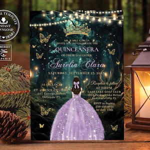 Enchanted Forest Purple Lilac Dress Princess Quinceañera Invitation Quince 15 16th Birthday Invite Editable Template Printable Download EF2